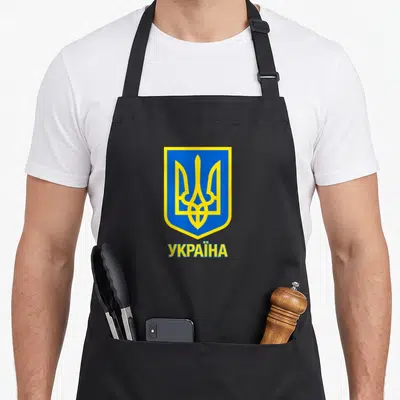 Tablier de cuisine noir avec un grand blason bleu et jaune représentant un trident stylisé et le mot Ukraine en dessous.