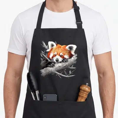 Tablier de cuisine noir avec illustration détaillée d'un petit panda roux reposant sur une branche grise.