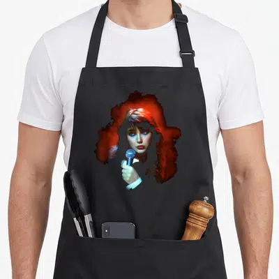 Tablier de cuisine noir avec portrait artistique d'une chanteuse aux cheveux roux tenant un microphone sous une lumière rouge intense.