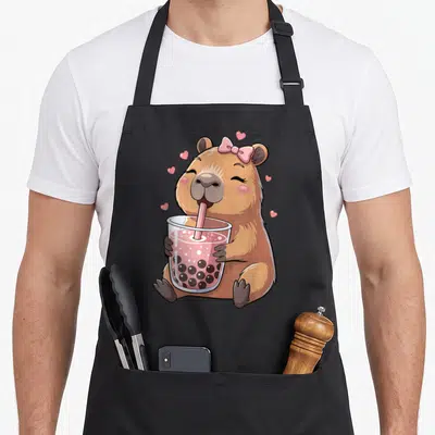 Tablier de cuisine noir avec illustration d'une capybara rose buvant un thé aux perles sous des cœurs flottants.