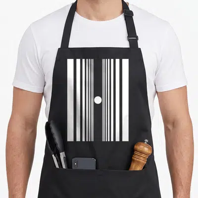 Tablier de cuisine noir avec des bandes blanches verticales et un cercle central créant un effet d'optique.