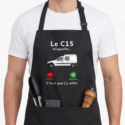 Tablier de cuisine noir avec illustration de C15 blanc et boutons téléphone rouge et vert