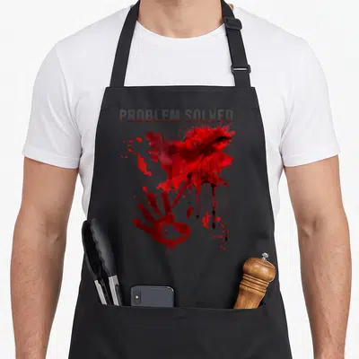 Tablier de cuisine noir avec une main rouge sanglante et le texte problème résolu imprimé en haut.