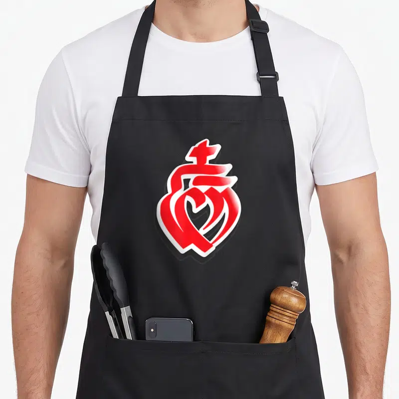 Tablier de cuisine noir avec logo Vendée rouge et blanc en forme de cœur stylisé surmonté d'une croix.