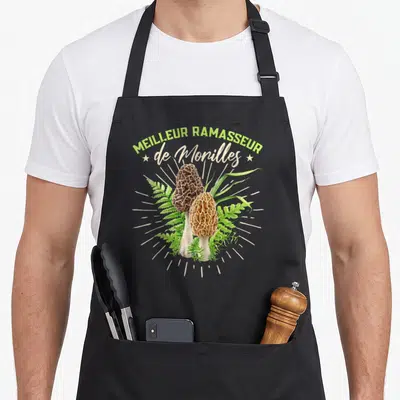 Tablier de cuisine noir avec illustration de morilles et inscription Meilleur Ramasseur de Morilles en vert et blanc.