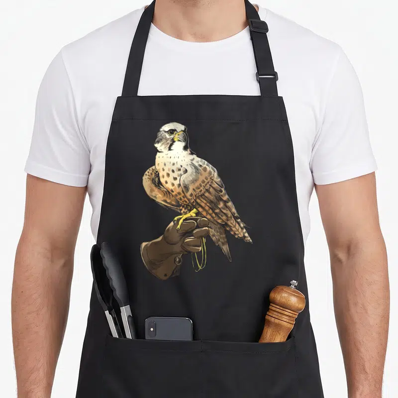 Tablier de cuisine noir avec un faucon perché sur un gant de fauconnerie marron et des lanières jaunes.