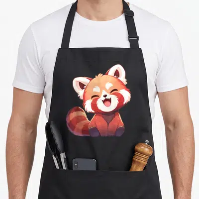 Tablier de cuisine noir avec illustration d'un petit renard rouge souriant joyeusement