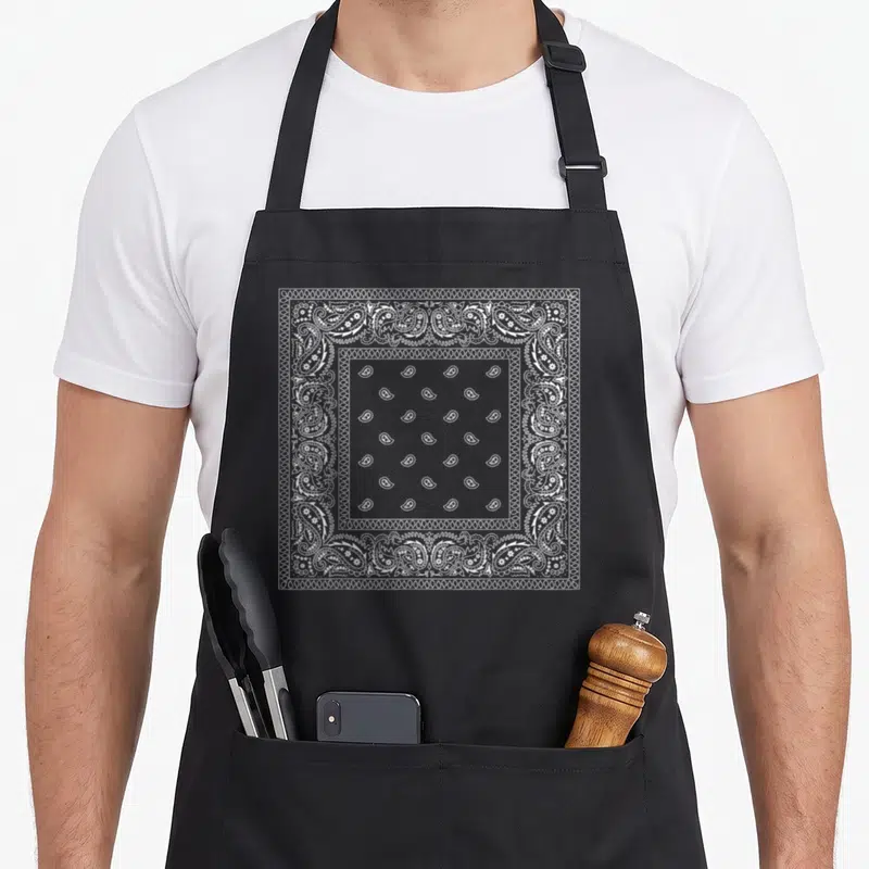 Tablier de cuisine noir avec motif bandana blanc à carreaux et motifs paisley détaillés sur le devant.