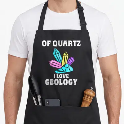 Tablier de cuisine noir avec une illustration de cristaux colorés et le texte I LOVE GEOLOGY imprimé en blanc.