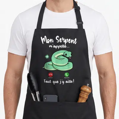 Tablier de cuisine noir avec un serpent vert enroulé et les mots Refuser Répondre Faut que j'y aille imprimés en blanc.