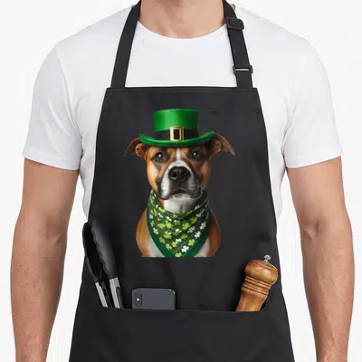 Tablier de cuisine noir avec un American Staffordshire Terrier coiffé d'un chapeau vert et d'une écharpe à motifs de trèfles.