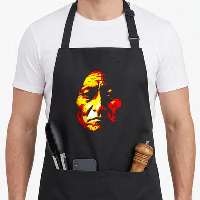 Tablier de cuisine noir avec portrait stylisé rouge et jaune de Sitting Bull Sioux Warrior Chief