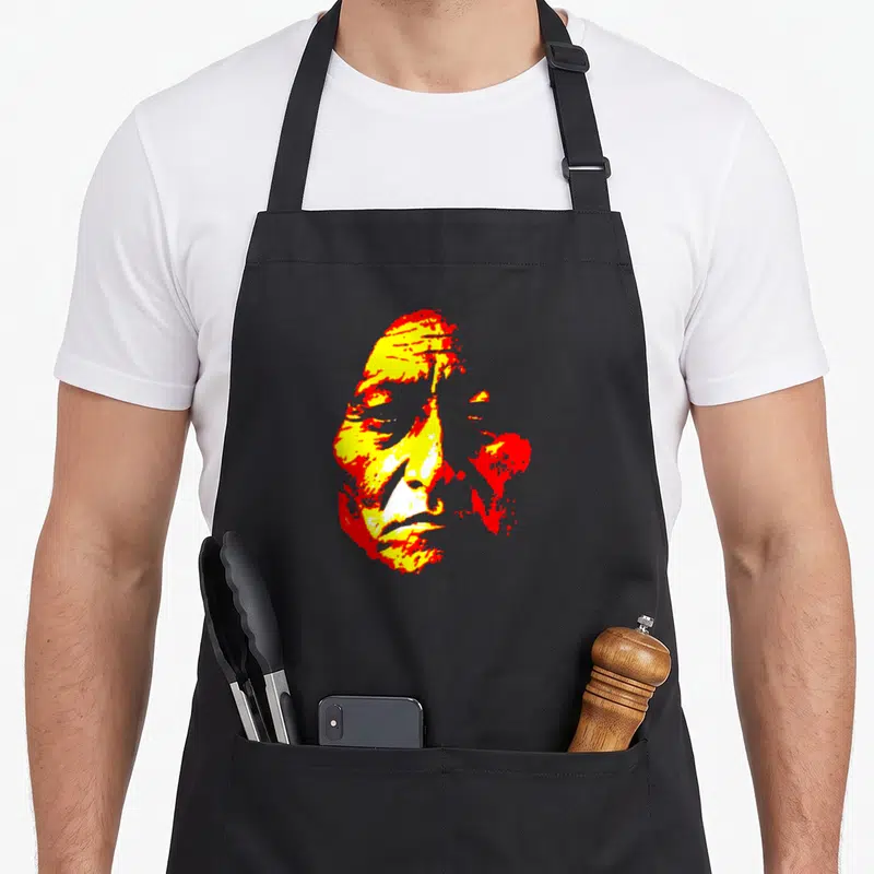 Tablier de cuisine noir avec portrait stylisé rouge et jaune de Sitting Bull Sioux Warrior Chief