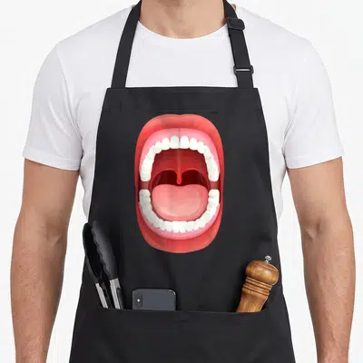 Tablier de cuisine noir avec illustration d'une bouche ouverte montrant des dents blanches et une langue rose sur fond gris uni.