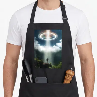 Tablier de cuisine noir avec illustration d'un homme se faisant emporter par un rayon lumineux sous un halo cosmique.