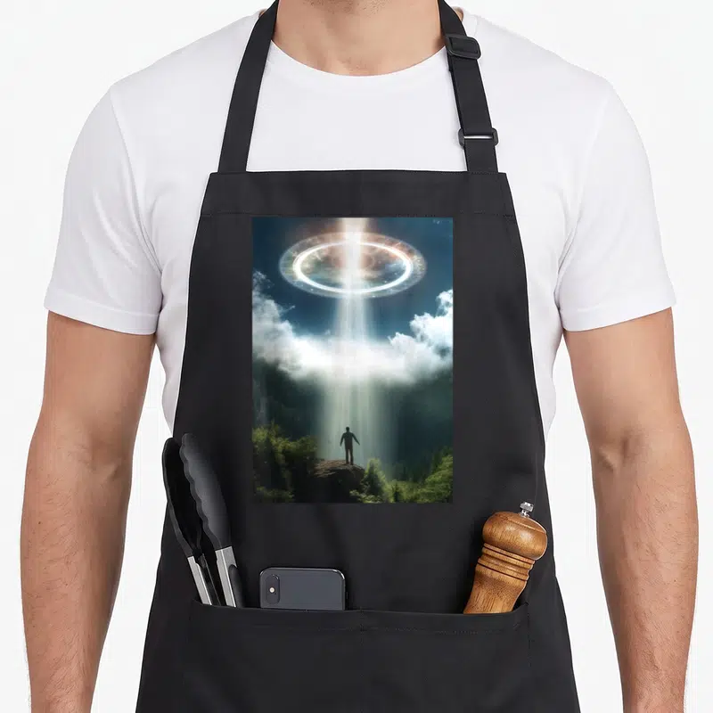Tablier de cuisine noir avec illustration d'un homme se faisant emporter par un rayon lumineux sous un halo cosmique.