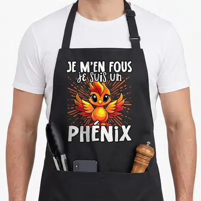 Tablier de cuisine noir avec illustration colorée d'un phénix cartoon et texte blanc Je m'en fous je suis un Phénix.