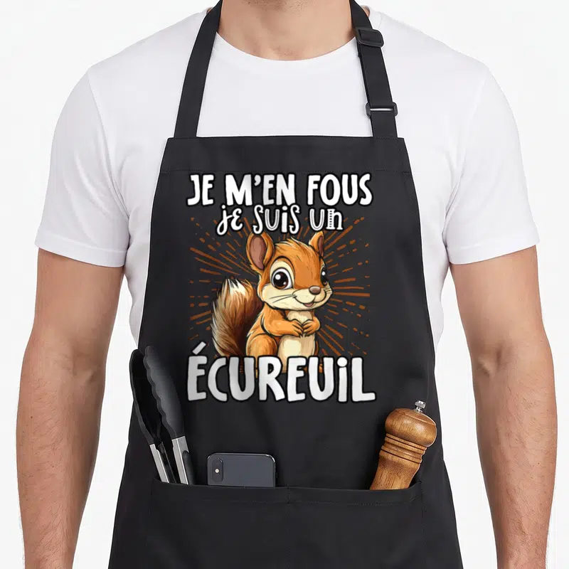 Tablier de cuisine noir avec illustration d'écureuil mignon et texte Je m'en fous je suis un écureuil en lettres blanches.