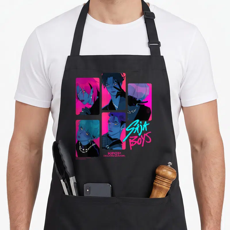 Tablier de cuisine noir avec cinq portraits stylisés de personnages aux cheveux colorés et le logo Saja Boys en lettres néon.