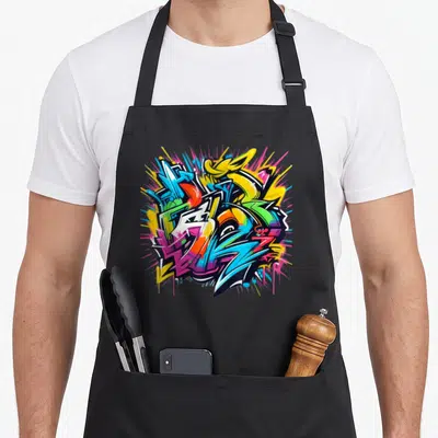 Tablier de cuisine noir avec illustration graffiti colorée explosion abstraite urbaine vibrante