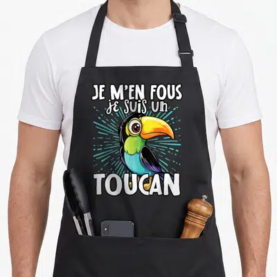 Tablier de cuisine noir avec illustration colorée d'un toucan et texte blanc Je m'en fous je suis un toucan