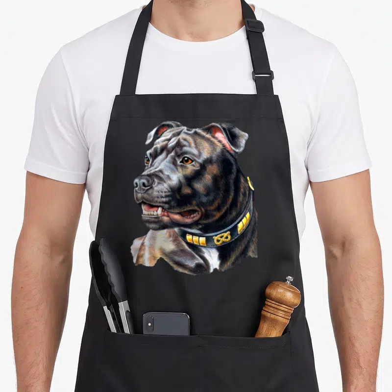Tablier de cuisine noir avec portrait réaliste d'American Staffordshire Bull Terrier portant un collier doré.