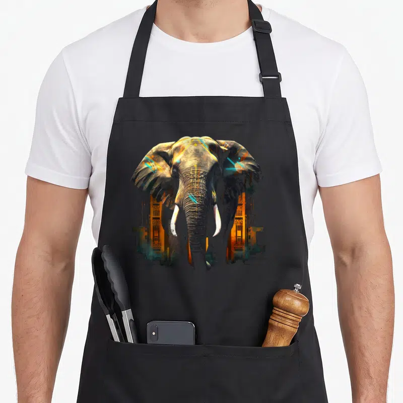 Tablier de cuisine noir avec tête d'éléphant artistique aux touches orange et bleu turquoise sur fond sombre.