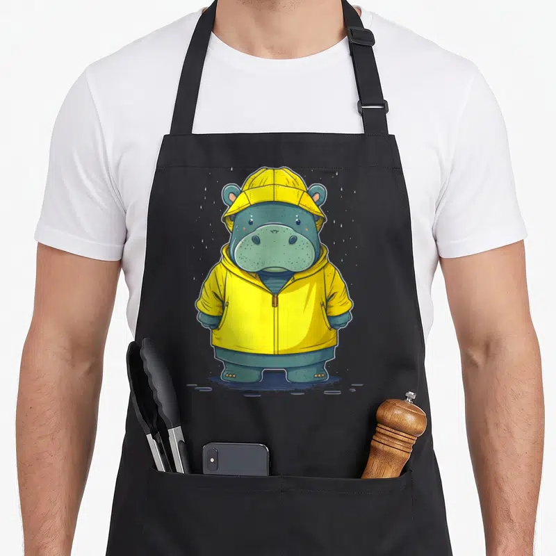 Tablier de cuisine noir avec illustration d'un hippopotame portant une cape de pluie jaune sous la pluie.