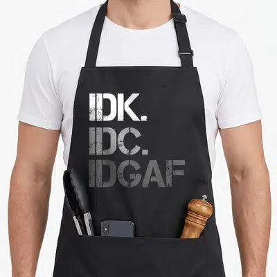 Tablier de cuisine noir avec les acronymes blancs et gris IDK IDC IDGAF imprimés verticalement au centre.