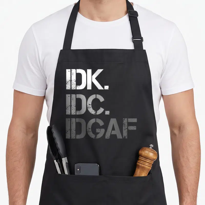 Tablier de cuisine noir avec les acronymes blancs et gris IDK IDC IDGAF imprimés verticalement au centre.