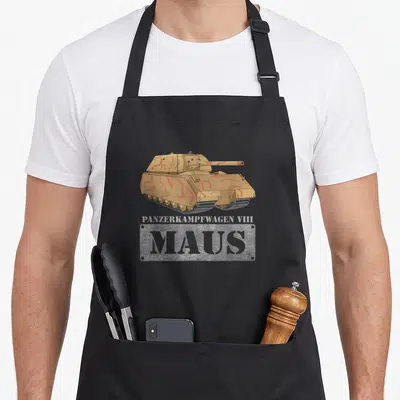 Tablier de cuisine noir avec illustration d'un char Panzerkampfwagen VIII Maus aux motifs de camouflage rouge sur fond beige.