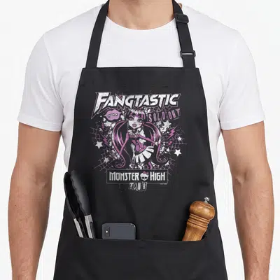 Tablier de cuisine noir avec illustration rose de Draculaura et texte Fangtastic Sold Out Monster High Tour.