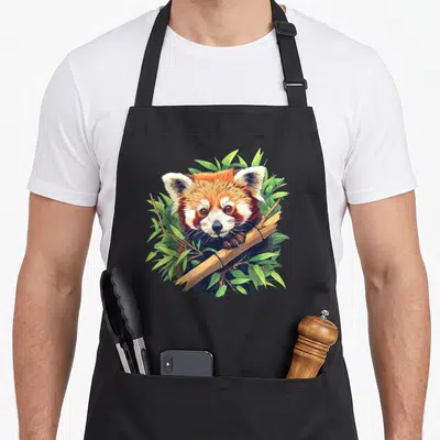 Tablier de cuisine noir avec un panda roux aux yeux doux accroché à une tige de bambou verte et brune.