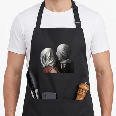 Tablier de cuisine noir avec un couple aux têtes recouvertes d'un tissu blanc se regardant tendrement.