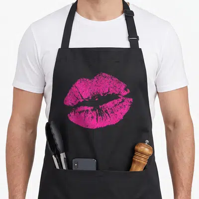 Tablier de cuisine noir avec une grande empreinte de lèvres roses vives au centre du torse.