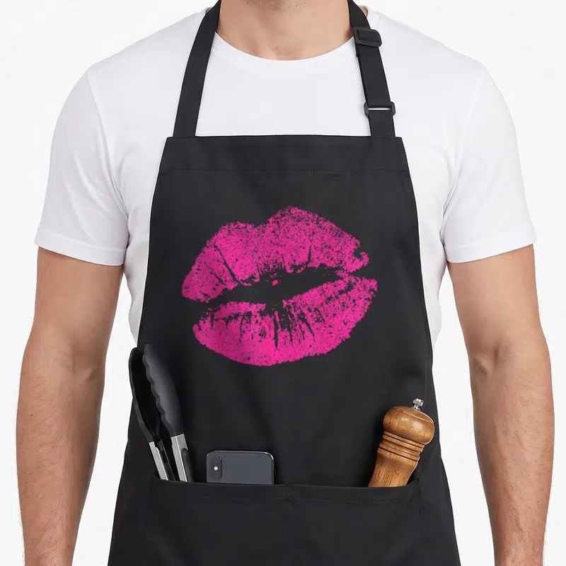 Tablier de cuisine noir avec une grande empreinte de lèvres roses vives au centre du torse.