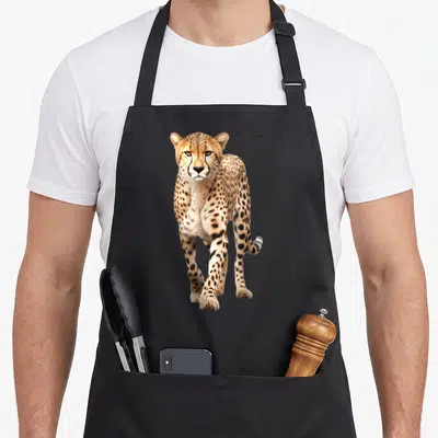 Tablier de cuisine noir avec un guépard gracieux au regard intense et magnifique imprimé sur le devant.