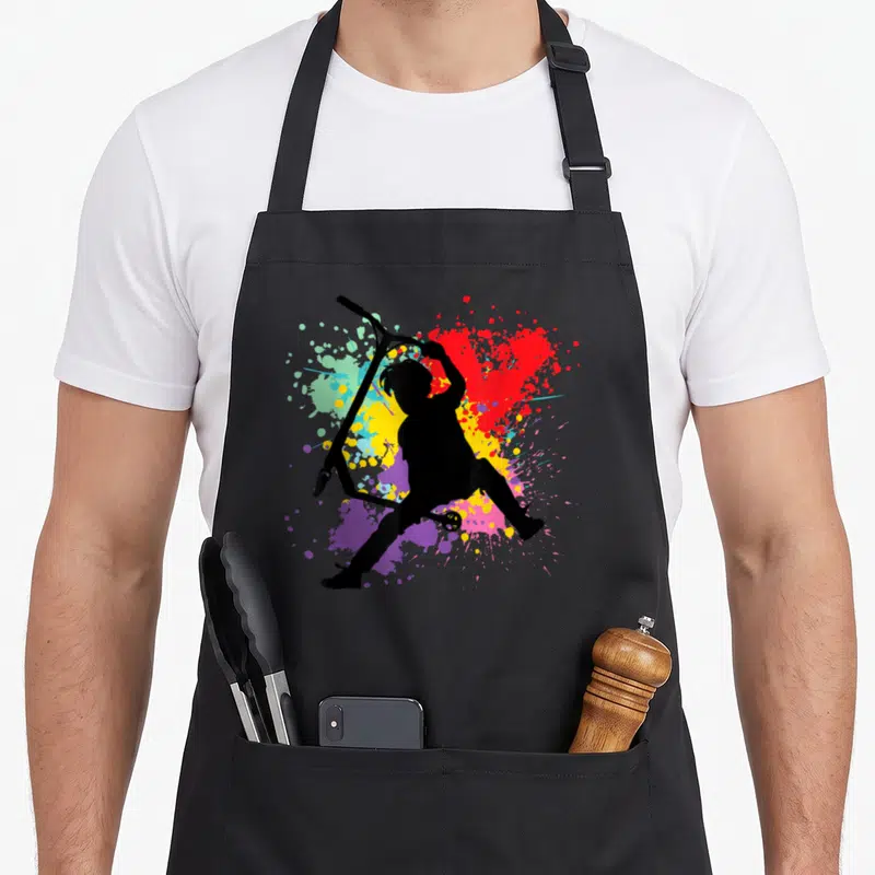 Tablier de cuisine noir avec silhouette trottinette freestyle et éclats de peinture multicolores en arrière-plan.