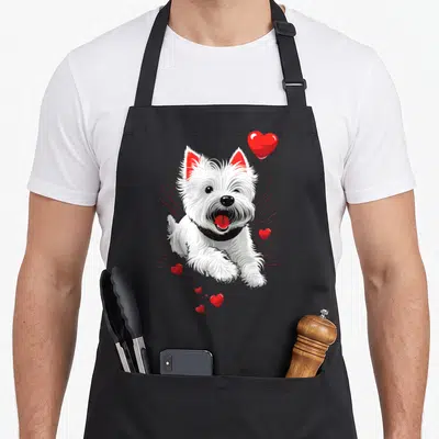 Tablier de cuisine noir avec illustration d'un terrier blanc sautant entouré de cœurs rouges brillants.