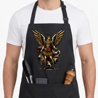 Tablier de cuisine noir avec une illustration colorée de l'Archange Saint Michel en armure dorée tenant une épée.
