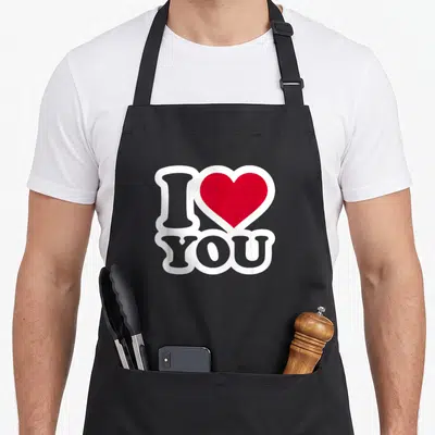 Tablier de cuisine noir avec inscription I Love You et un grand cœur rouge au centre du motif imprimé.
