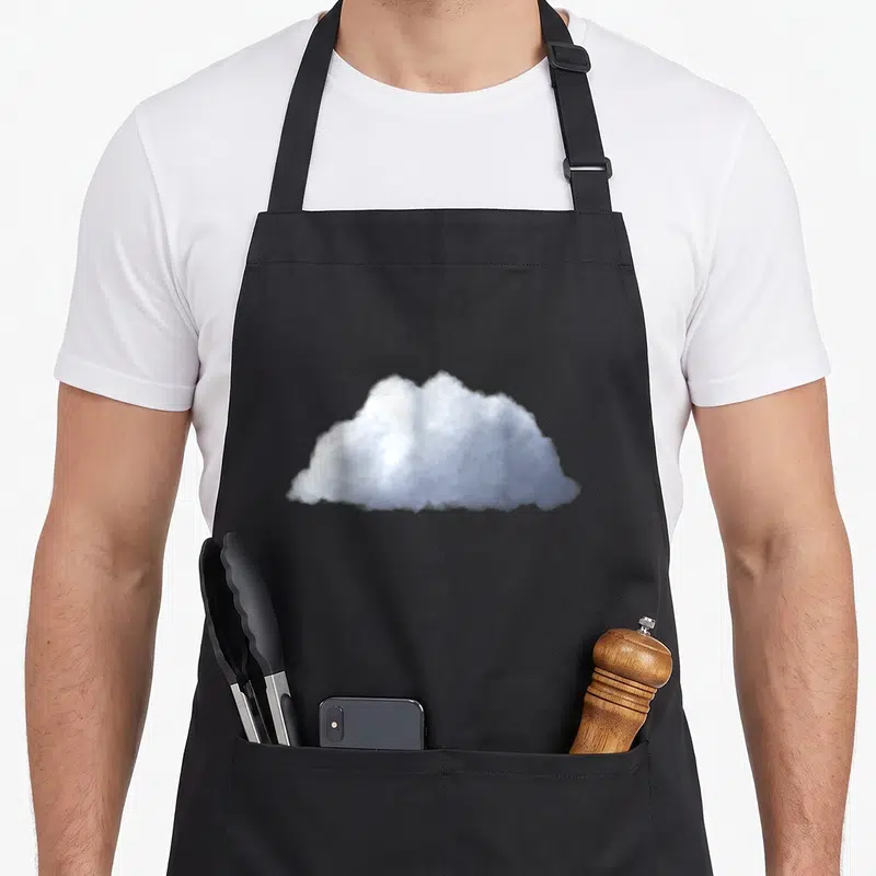 Tablier de cuisine noir avec un nuage blanc et gris ultra-réaliste imprimé au centre du torse.