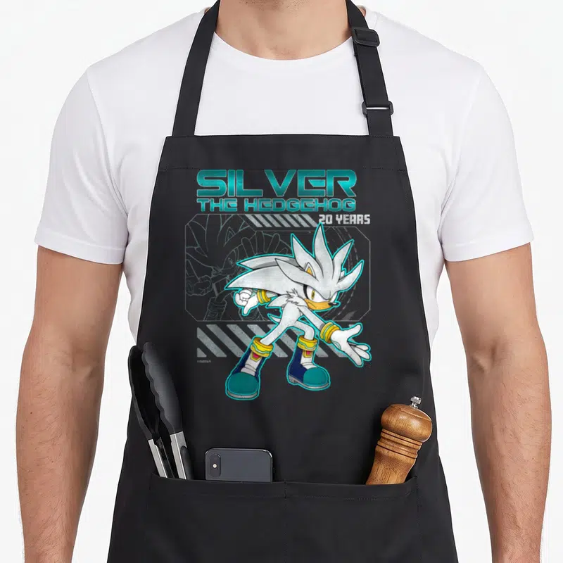 Tablier de cuisine noir avec illustration de Silver The Hedgehog en pose dynamique et texte 20 Years en haut.
