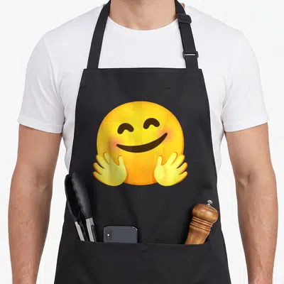 Tablier de cuisine noir avec un grand visage souriant jaune et deux mains ouvertes en position d'accueil sur le devant.
