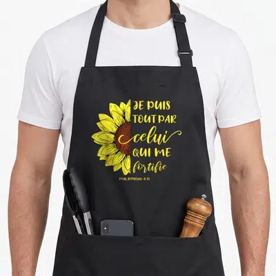 Tablier de cuisine noir avec un demi-tournesol jaune et le texte Je puis tout par celui qui me fortifie Philippiens 4:13 en lettres dorées.