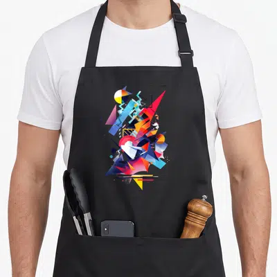 Tablier de cuisine noir avec un motif d'art abstrait géométrique vibrant composé de triangles et de cercles multicolores.
