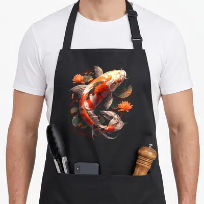 Tablier de cuisine noir avec une carpe koi orange et blanche entourée de fleurs de lotus et de feuilles vertes.