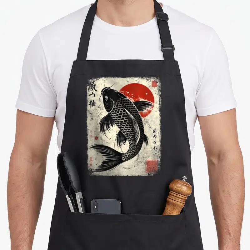 Tablier de cuisine noir avec illustration d'un carpe koi noire et d'un soleil rouge au style encre japonaise.