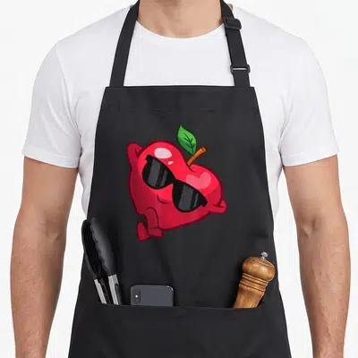 Tablier de cuisine noir avec une pomme rouge stylisée portant des lunettes noires et une feuille verte.