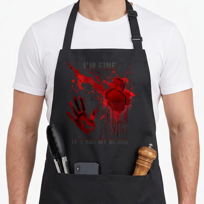 Tablier de cuisine noir avec inscription Je vais bien ce n'est pas mon sang et trace de main rouge éclaboussée.